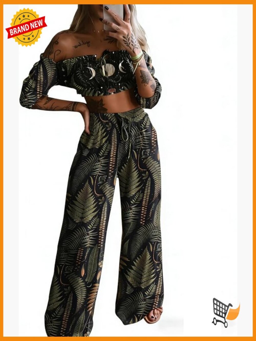 Gothic Bat 2 Piece Set - Off Shoulder Crop Top & Wide Leg Pants